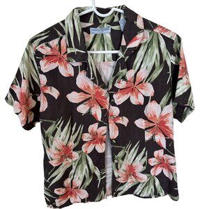 Valerie Stevens Casual XL 100% Silk Black Hawaiian Floral Button-Up Short Sleeve